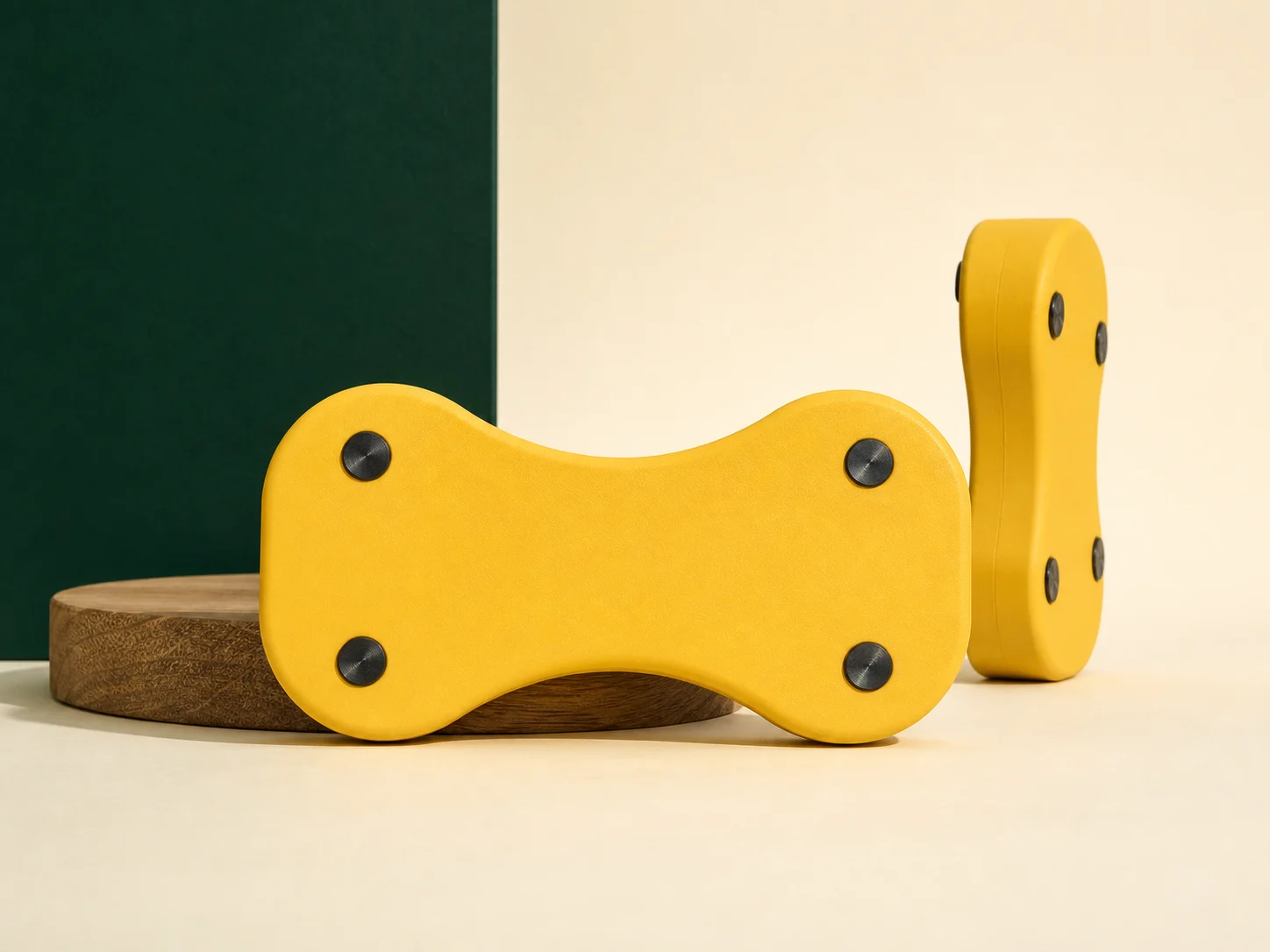 Safety-yellow Wally's Widget shaped like a dog bone